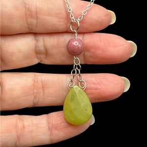 Elegant Silver Necklace with Green and Pink Stones